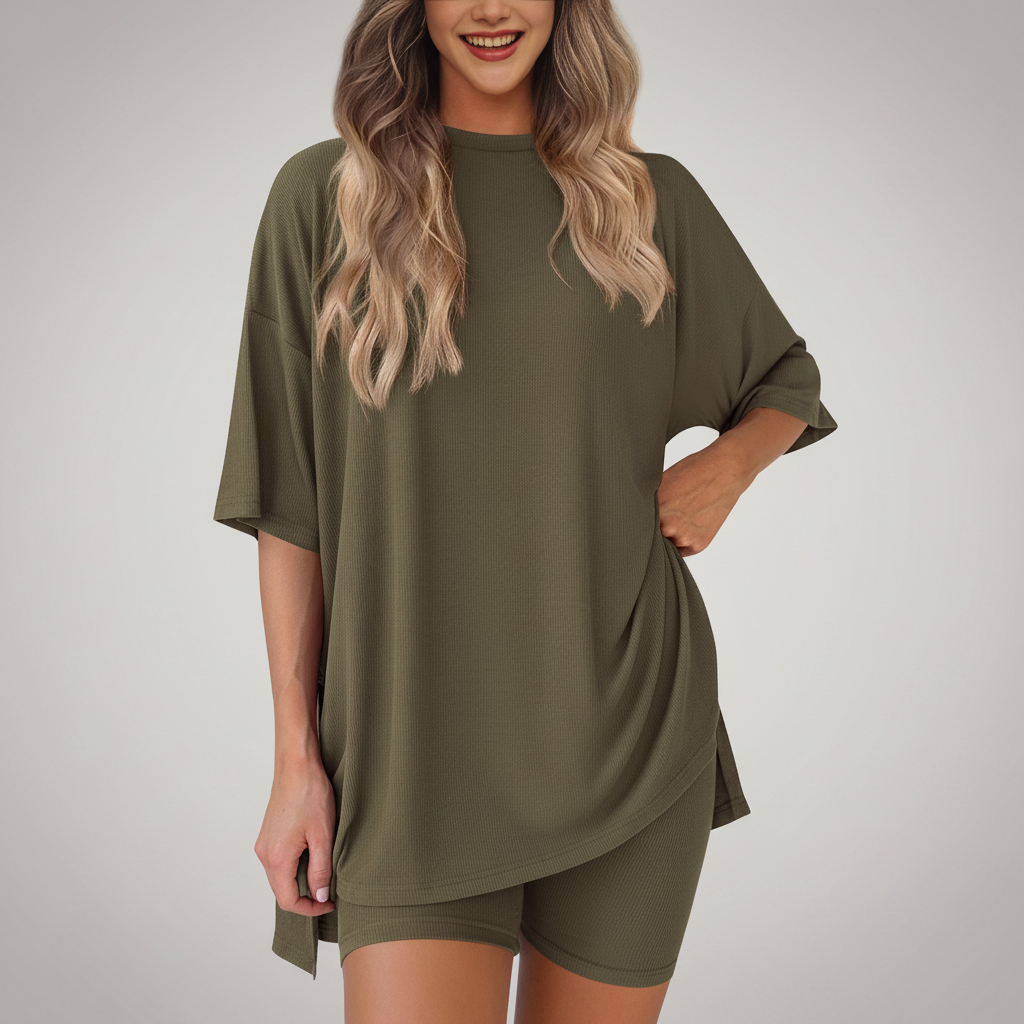 Woman wearing an olive green oversized t-shirt and shorts set on a white background